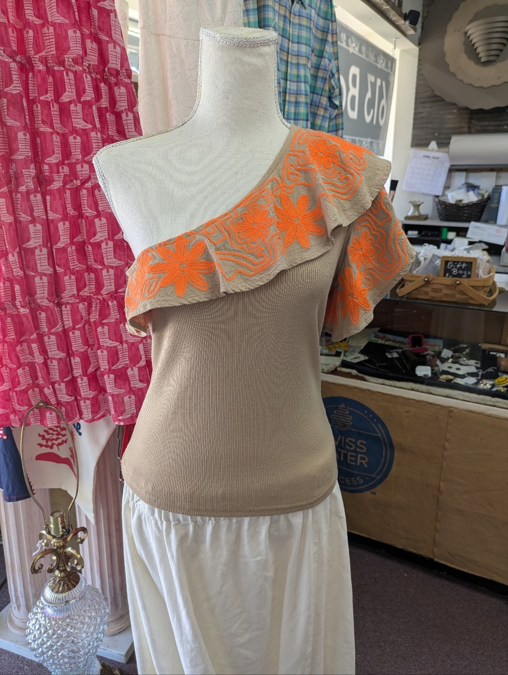 Anthropologie Dolan One-Shoulder Beige Top with Neon Orange Floral Ruffle